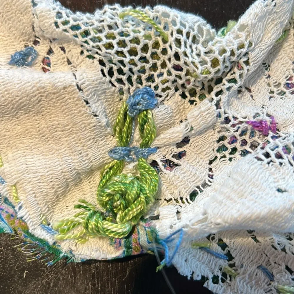 Hand Crafted head scarf hat band antique silk lace embroidered Multi floral